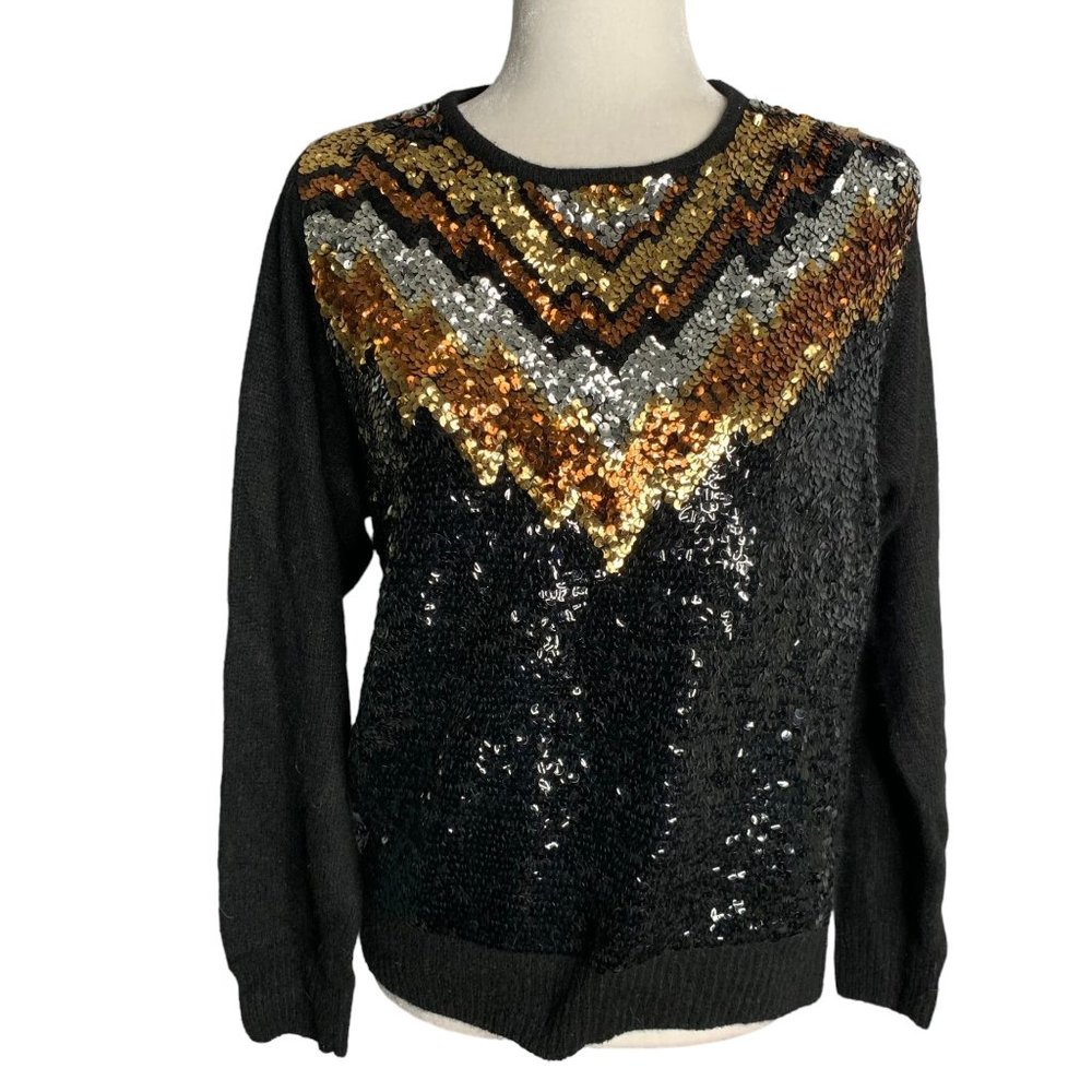 Vintage Work in Progress Silk Angora Sweater S Black Knit Sequins Gladys Bagley